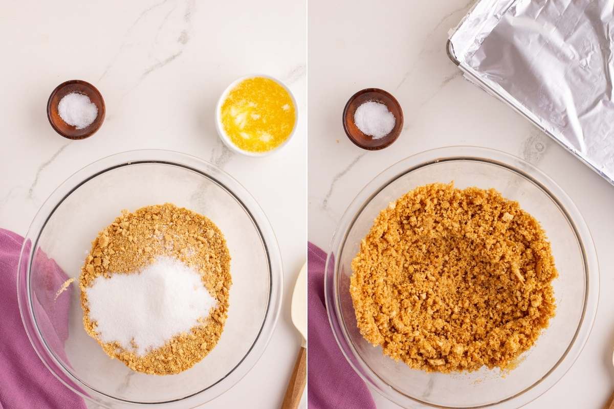 process of mixing crust ingredients.