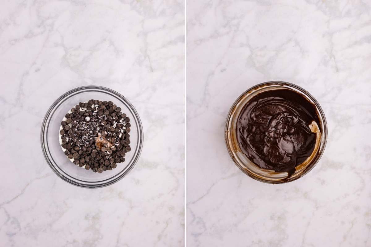 Two bowls showing chocolate chips with spice and finished melted chocolate sauce.