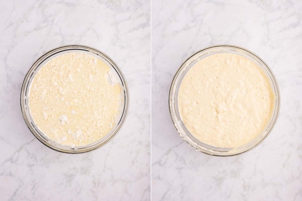 Two bowls showing dry flour mixture and wet pancake batter ingredients mixed together.