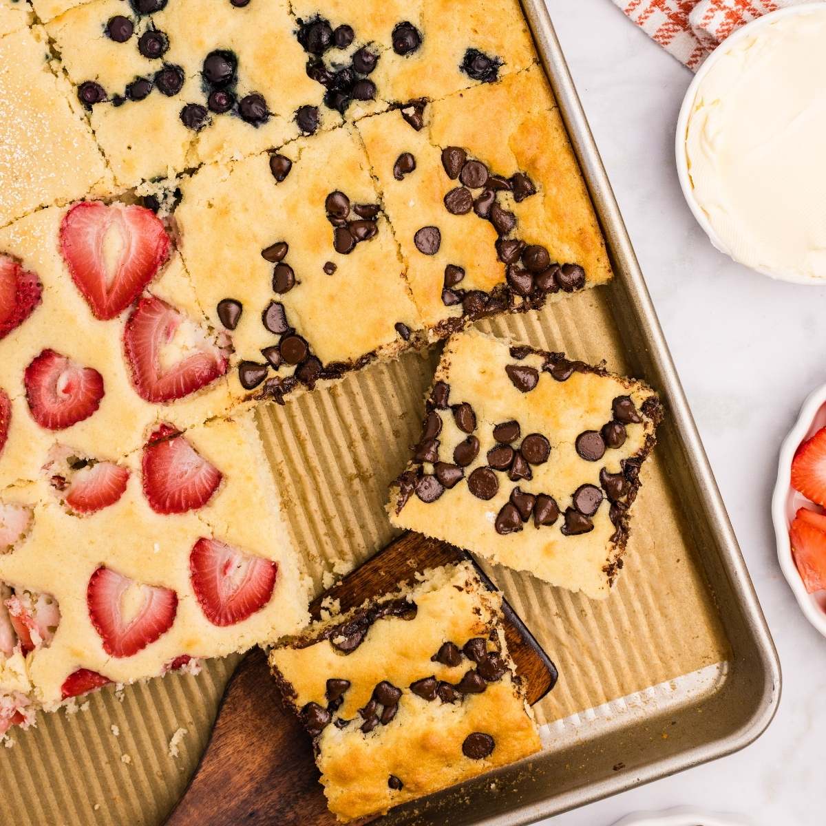 squares cut in sheet pan pancakes.