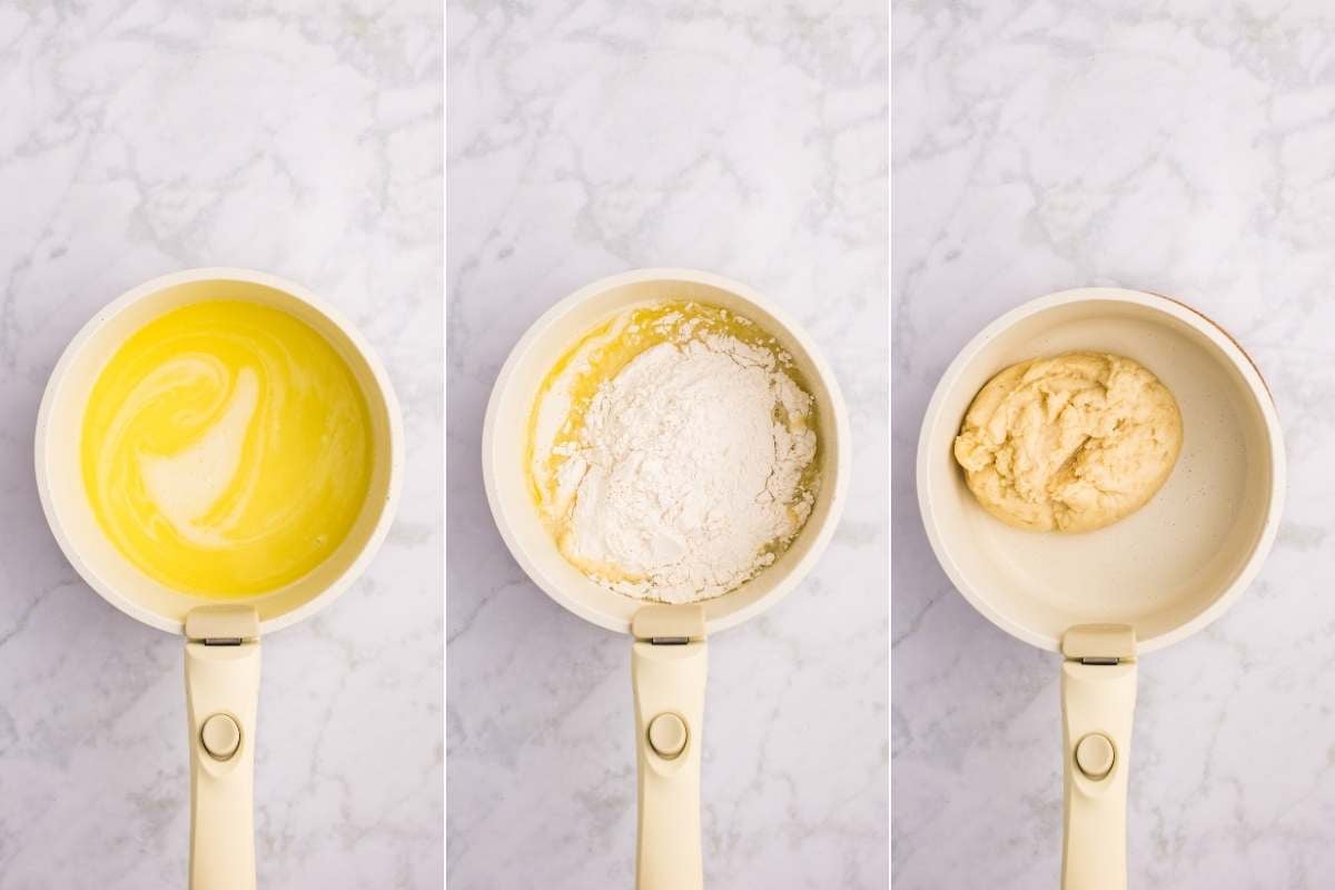 Three photos showing flour being added and mixed into hot butter mixture.