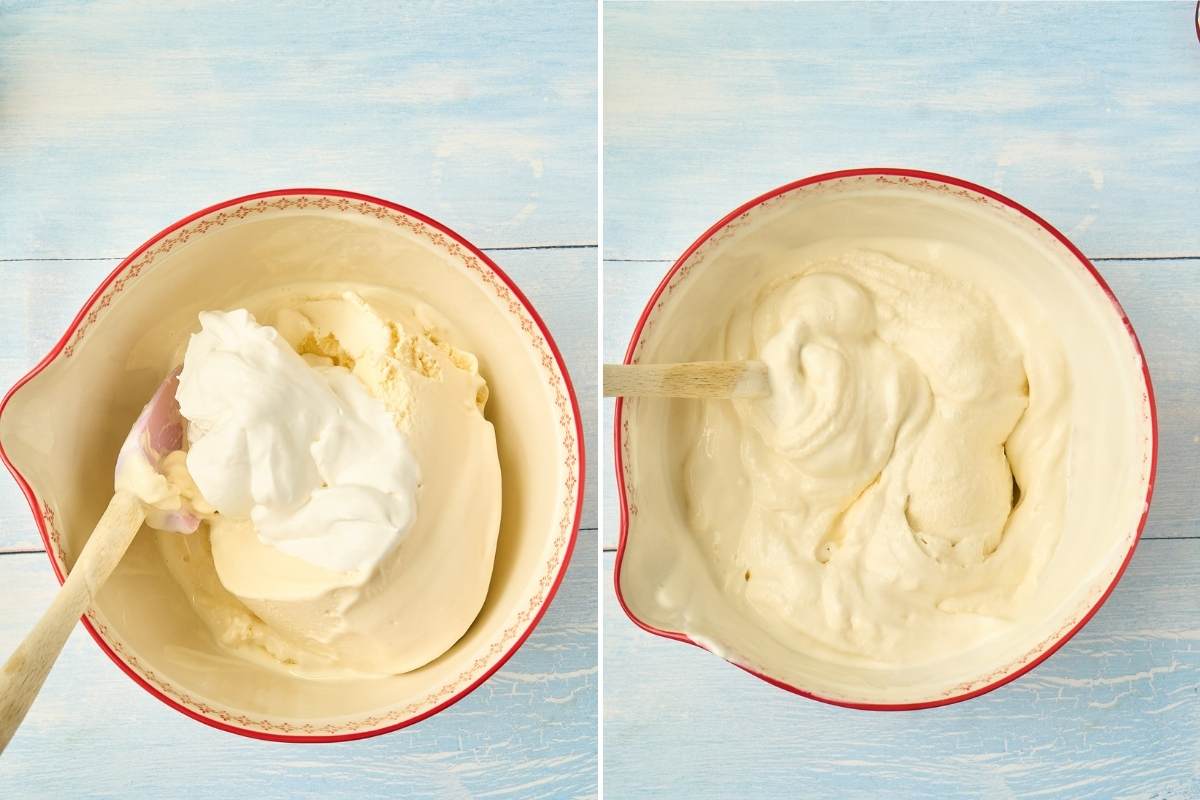 Mixing bowl with ice cream and Cool Whip being folded together.