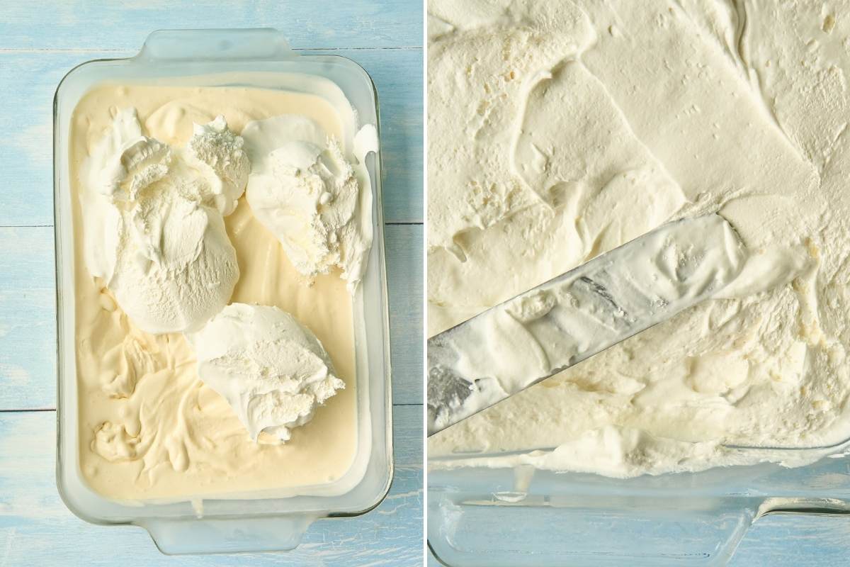 Cool Whip layer being added on top of ice cream base.