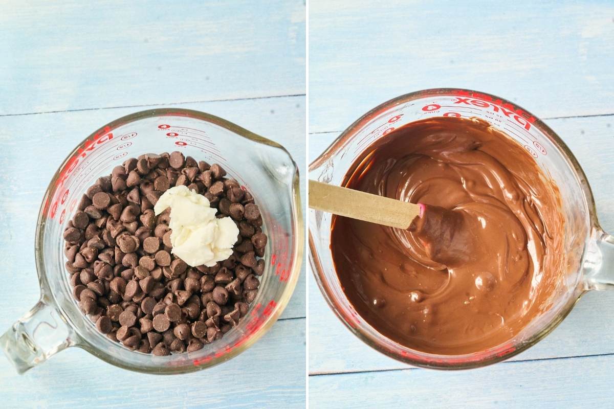 Chocolate chips and shortening in measuring cup before and after melting.
