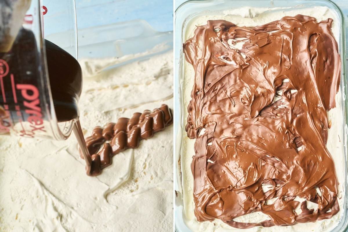 Melted chocolate being drizzled over Cool Whip layer in pan.
