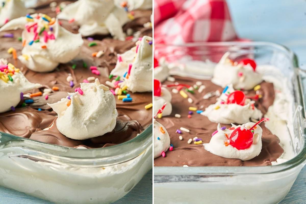 Finished dessert with whipped cream dollops, cherries and sprinkles added.