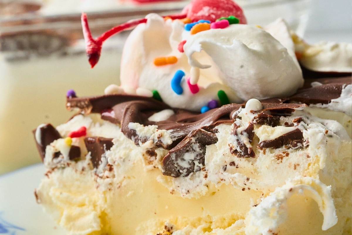 Single ice cream square showing all layers from the side.