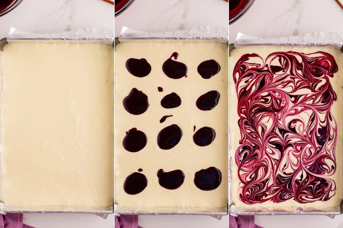 3 images of swirling berry jelly into cheesecake.