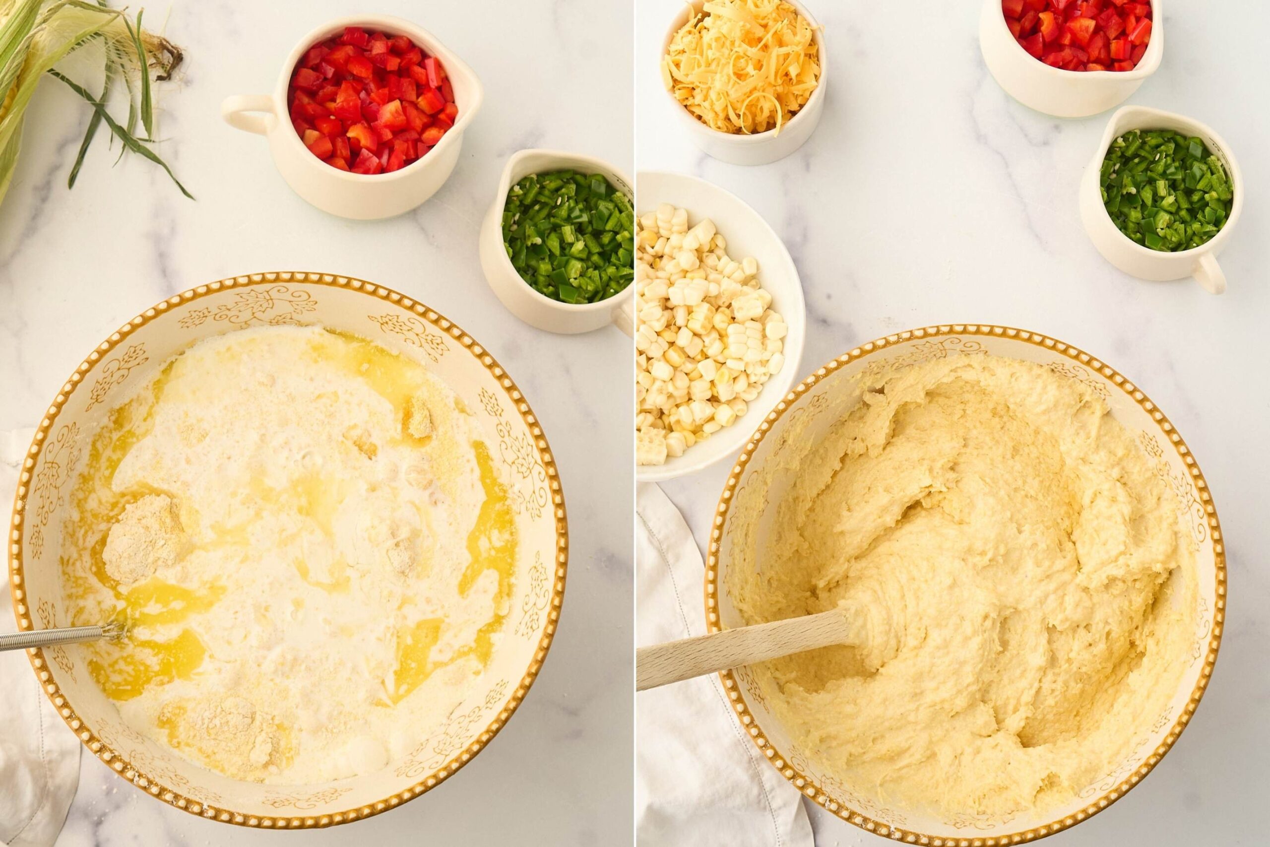 wet ingredients in bowl before and after mixing.