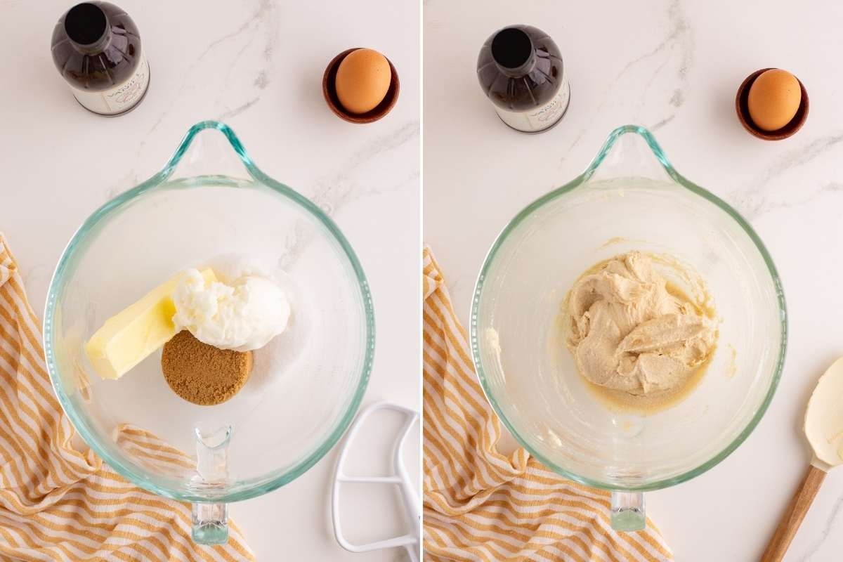 Butter, shortening and sugars in glass mixing bowl before creaming.