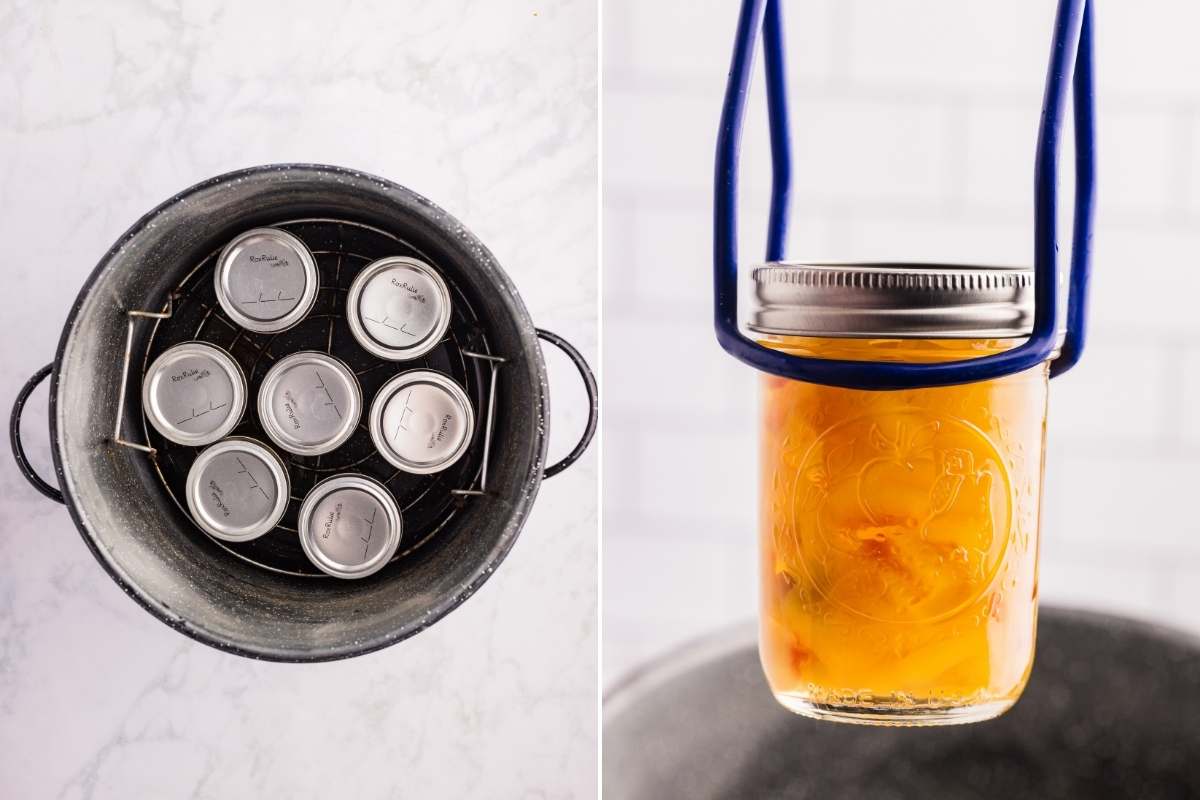overhead view of jars in canner next to image of one jar being removed.