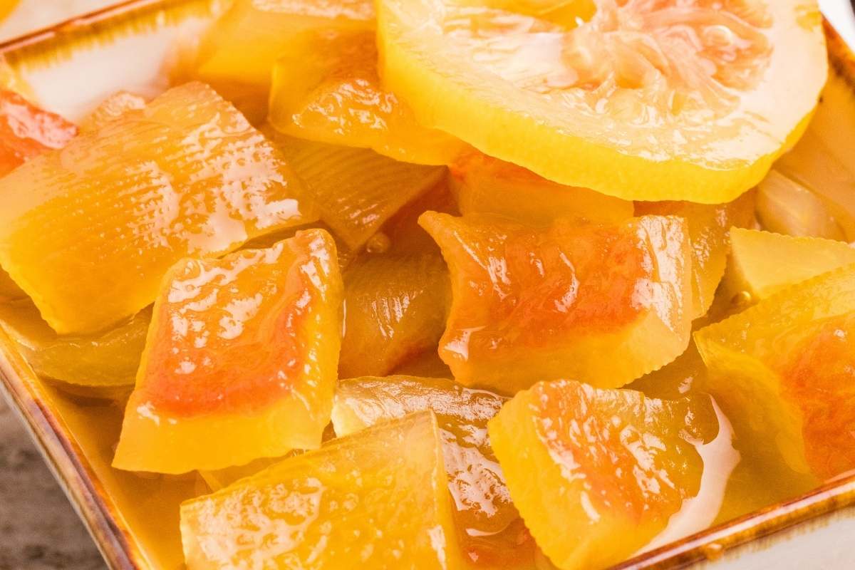 closeup view of plated watermelon rind.