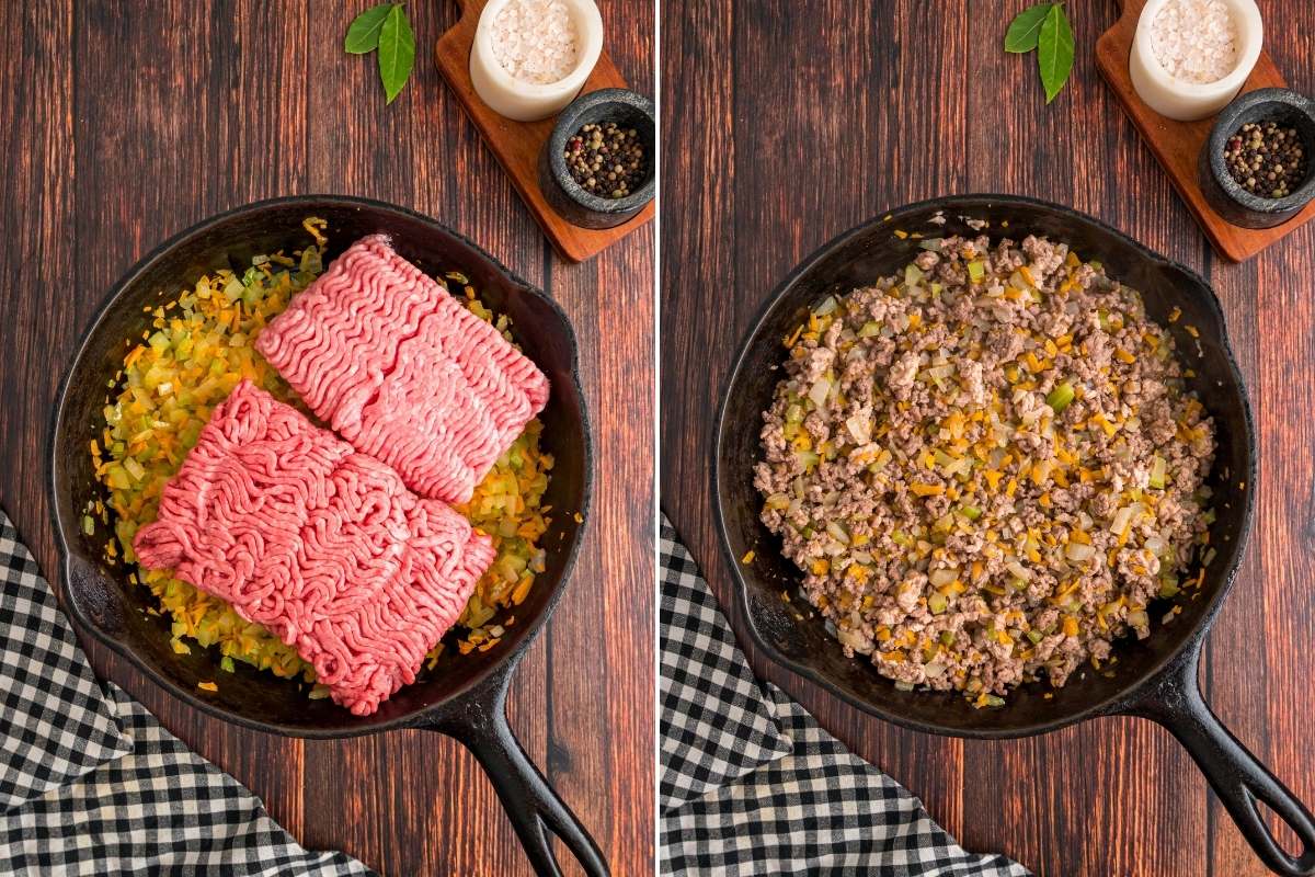 Ground beef and pork added to vegetables in skillet, before and after cooking.