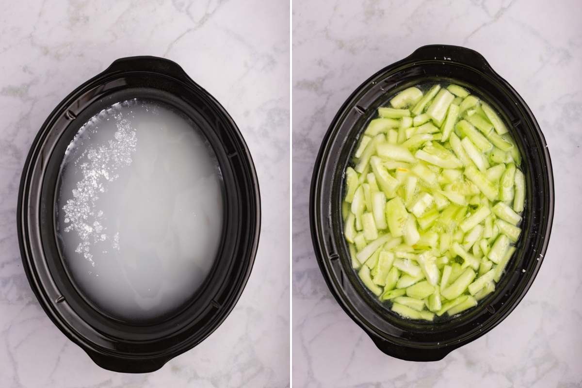 Peeled and cut cucumbers on a wooden cutting board.