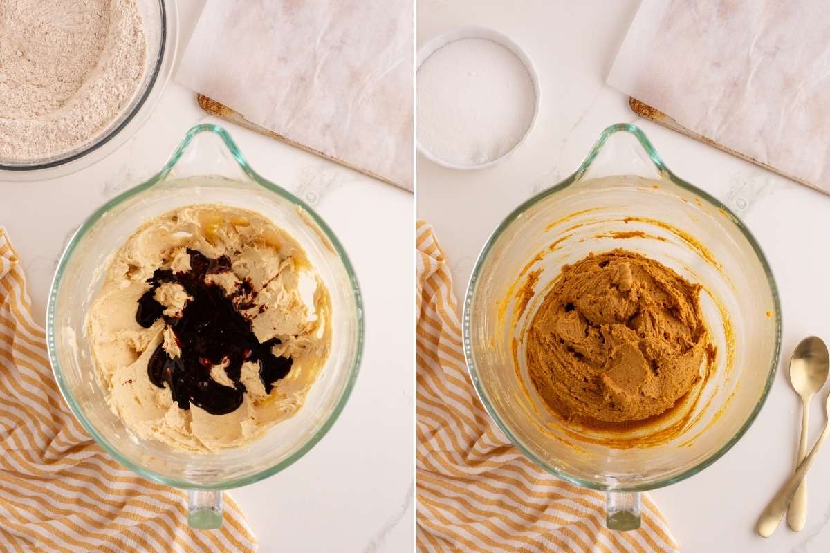 Molasses being added to creamed mixture in glass mixing bowl.
