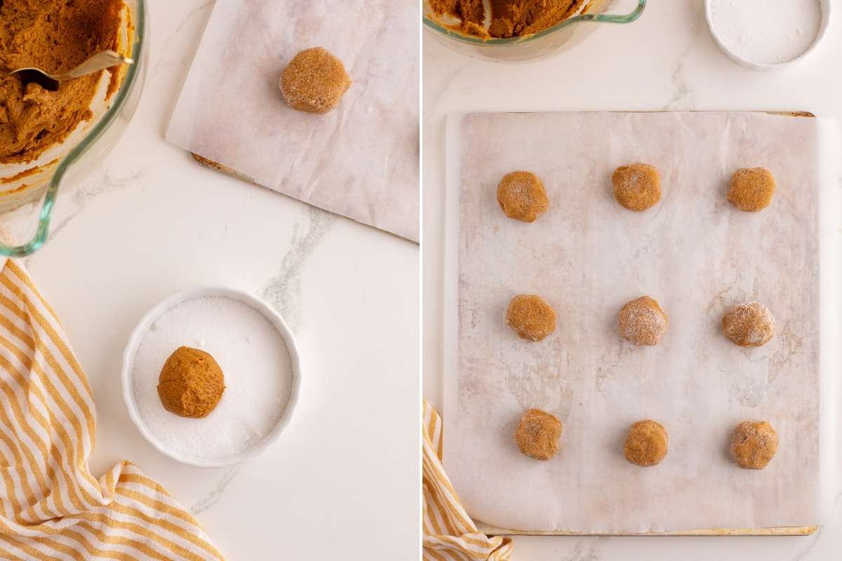 Cookie dough ball in sugar bowl and on baking sheet.
