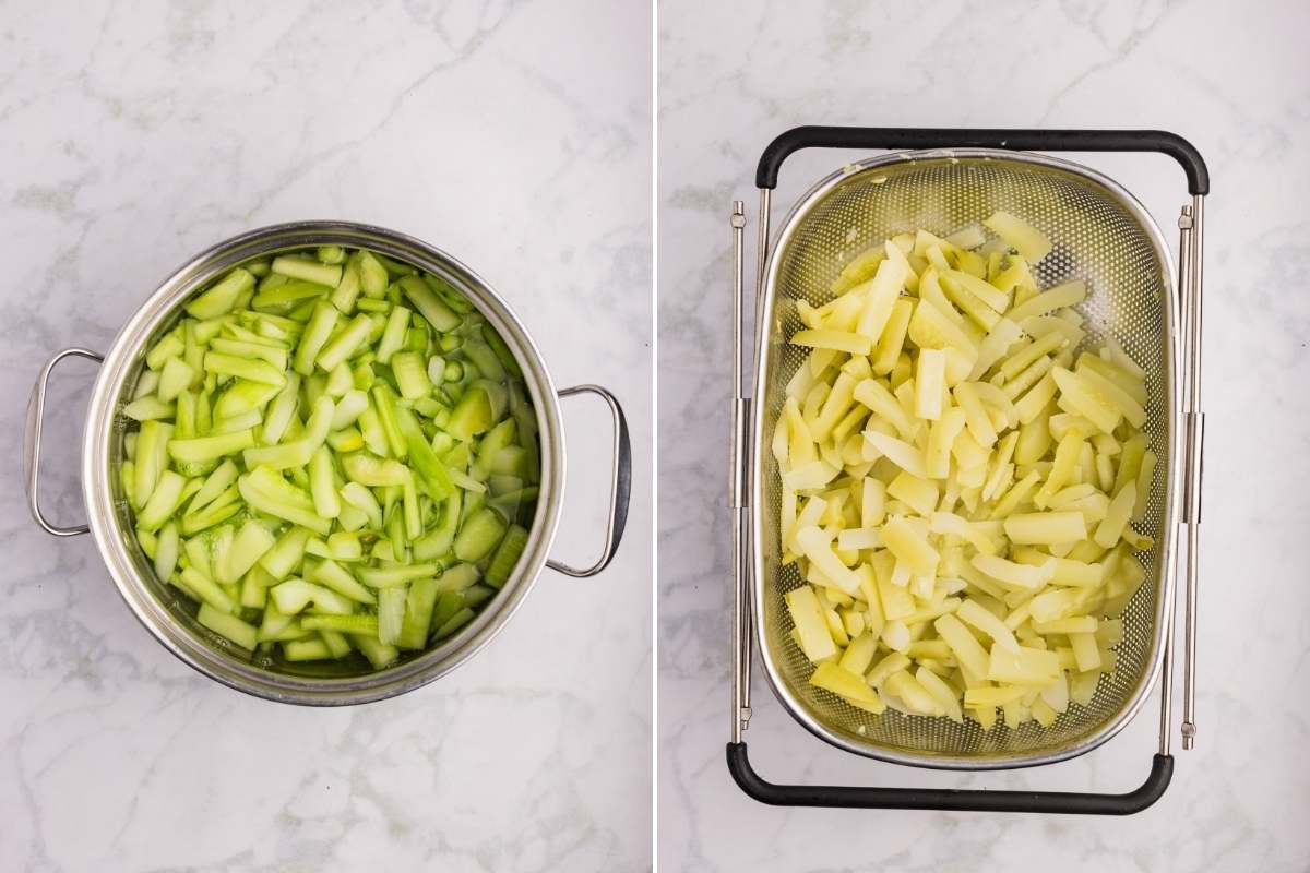 Cucumbers simmering in a pot and draining after cooking.