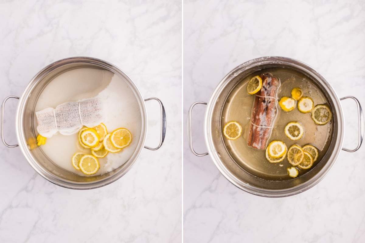 sugar syrup before and after cooking down.