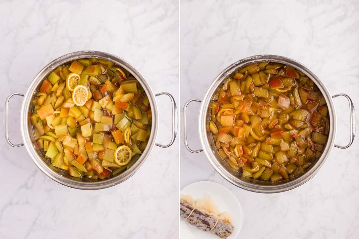 large stockpot before and after final cook.