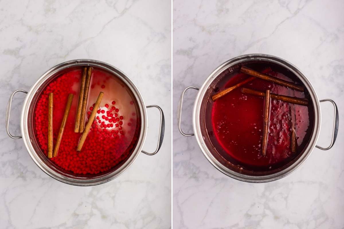 Pot with red hots, cinnamon sticks, sugar, and vinegar.