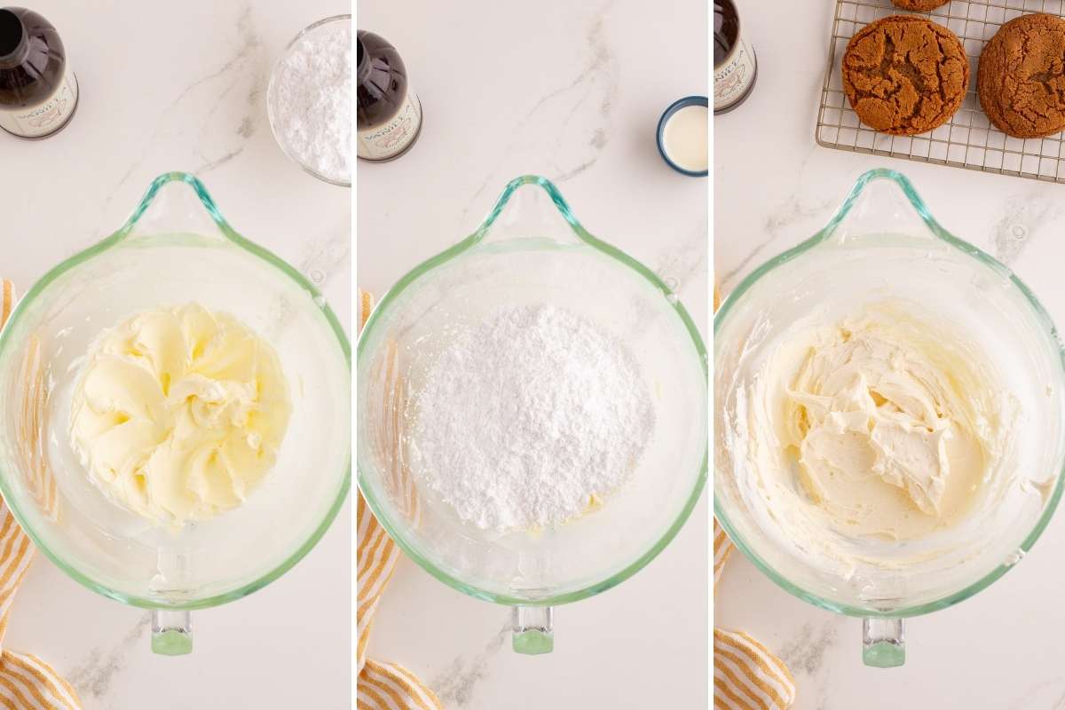 Making buttercream frosting in glass mixing bowl with paddle attachment.