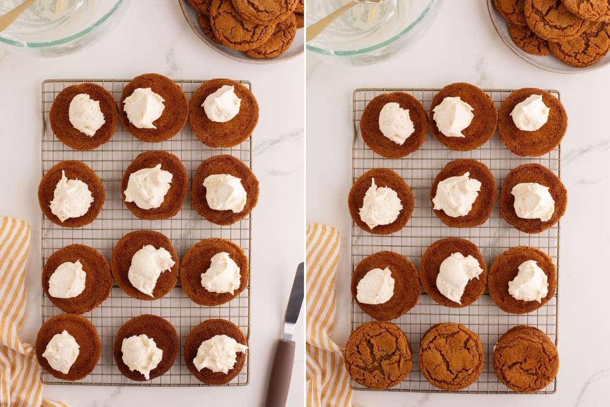 Assembling molasses sandwich cookies with buttercream filling on cooling rack.