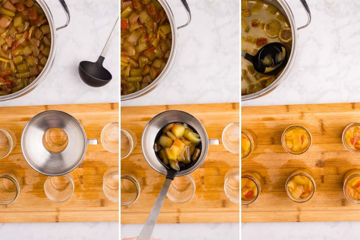 ladle and funnel being used to fill mason jars.