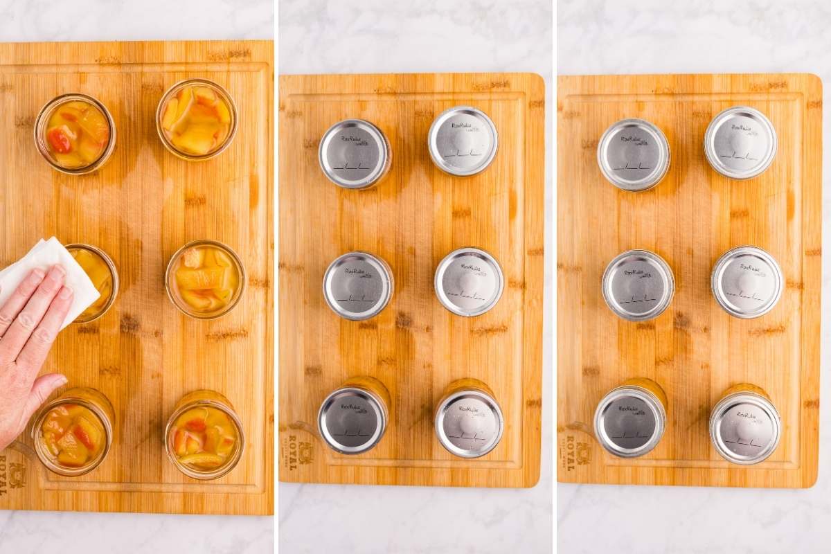 grid showing wiping rims and placing lids and rings on jar.