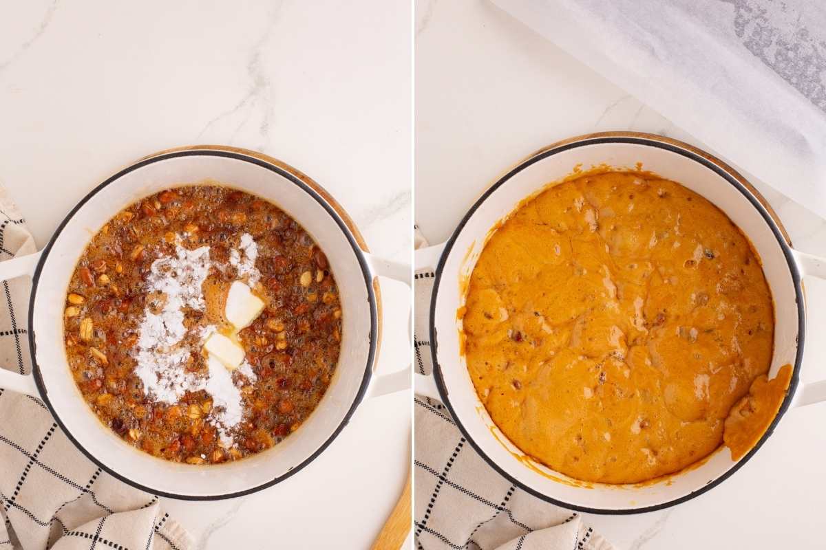 Two-step collage of adding butter and baking soda to hot brittle.