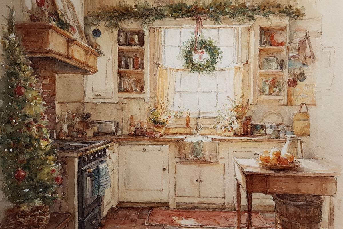 christmas kitchen with greenery.