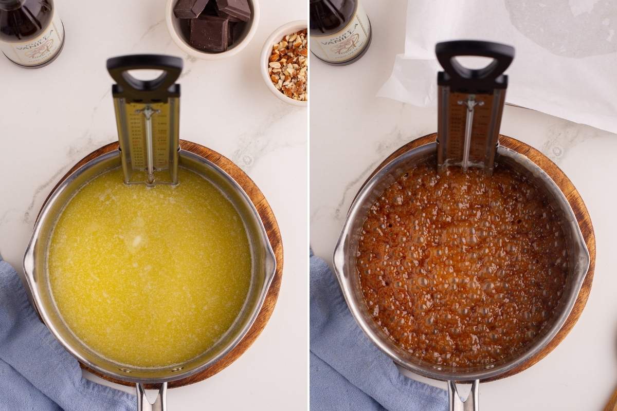 Toffee cooking stages in saucepan with candy thermometer.