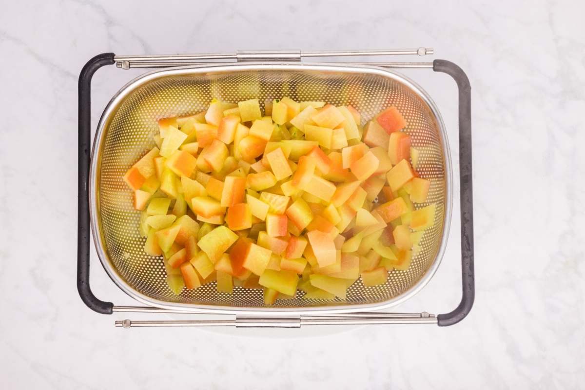 cubed rind in colander, now cooked.