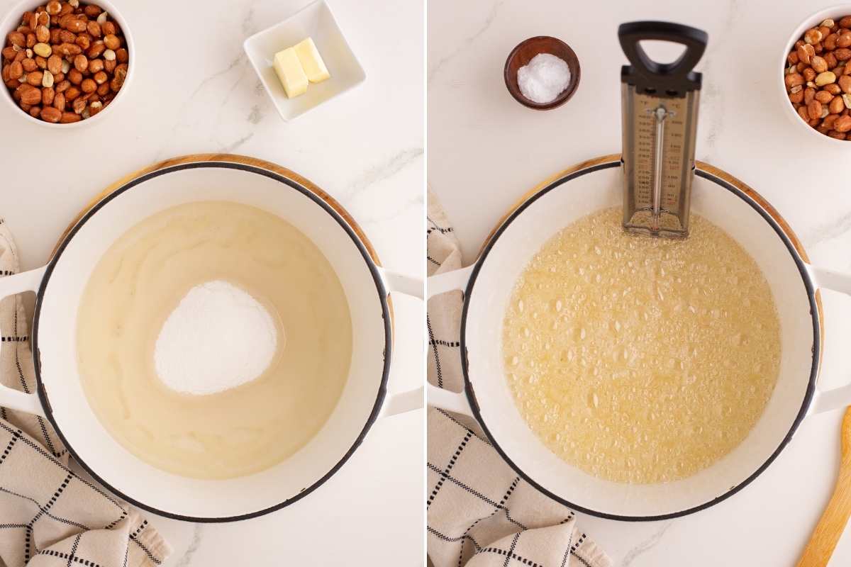 Two-step collage of sugar mixture cooking in a white pot.