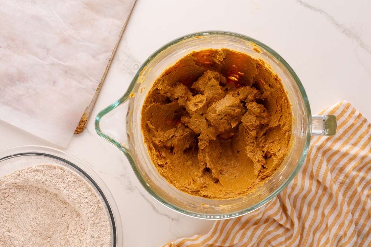 finished cookie dough in mixer.