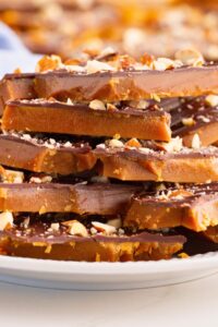 stack of homemade toffee showing layers,