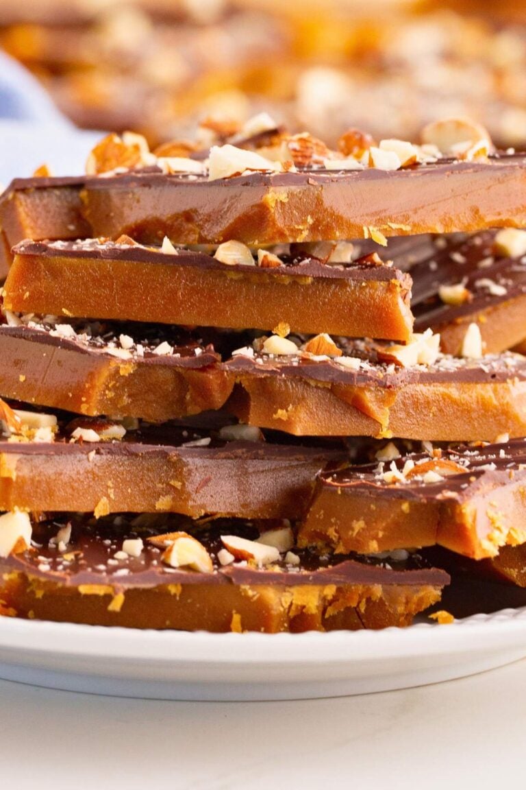 stack of homemade toffee showing layers,