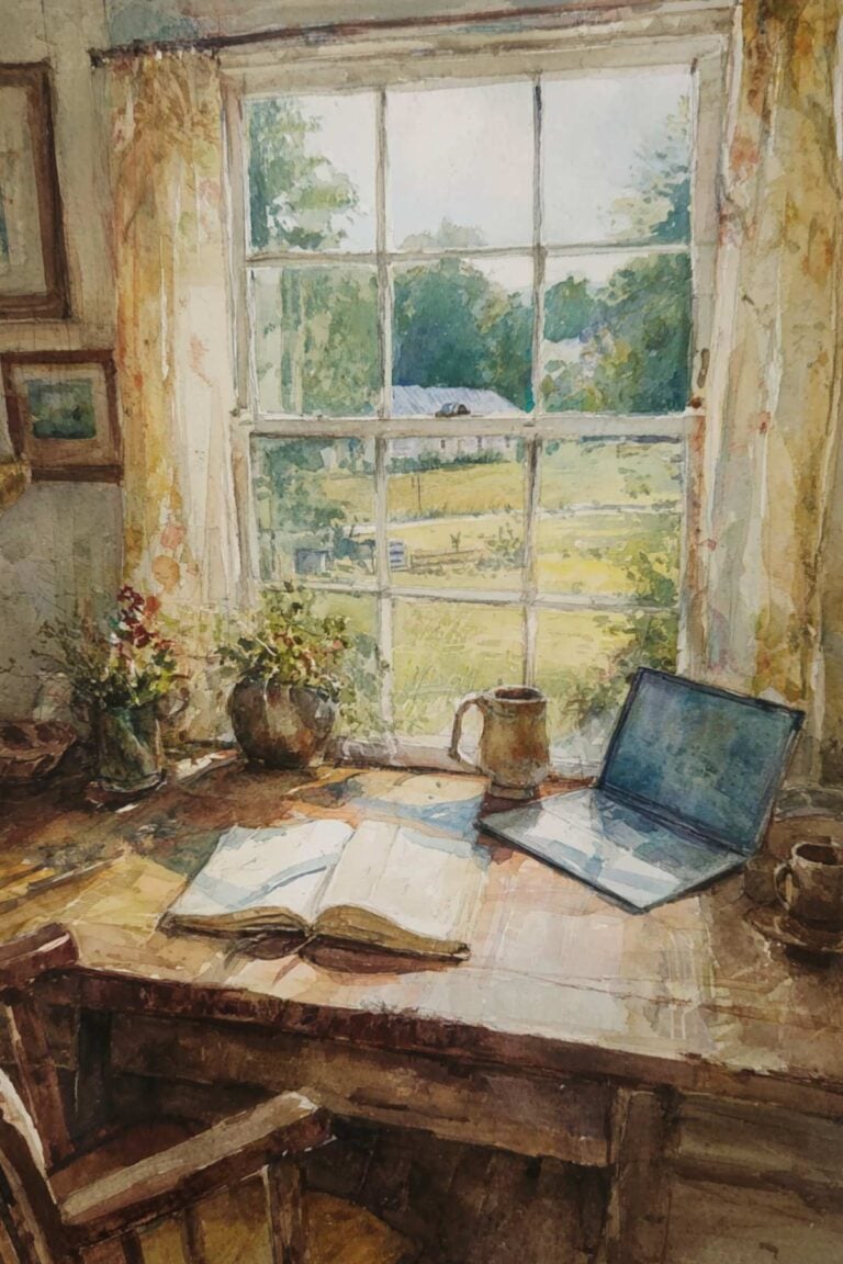 desk with view out window and curtains.