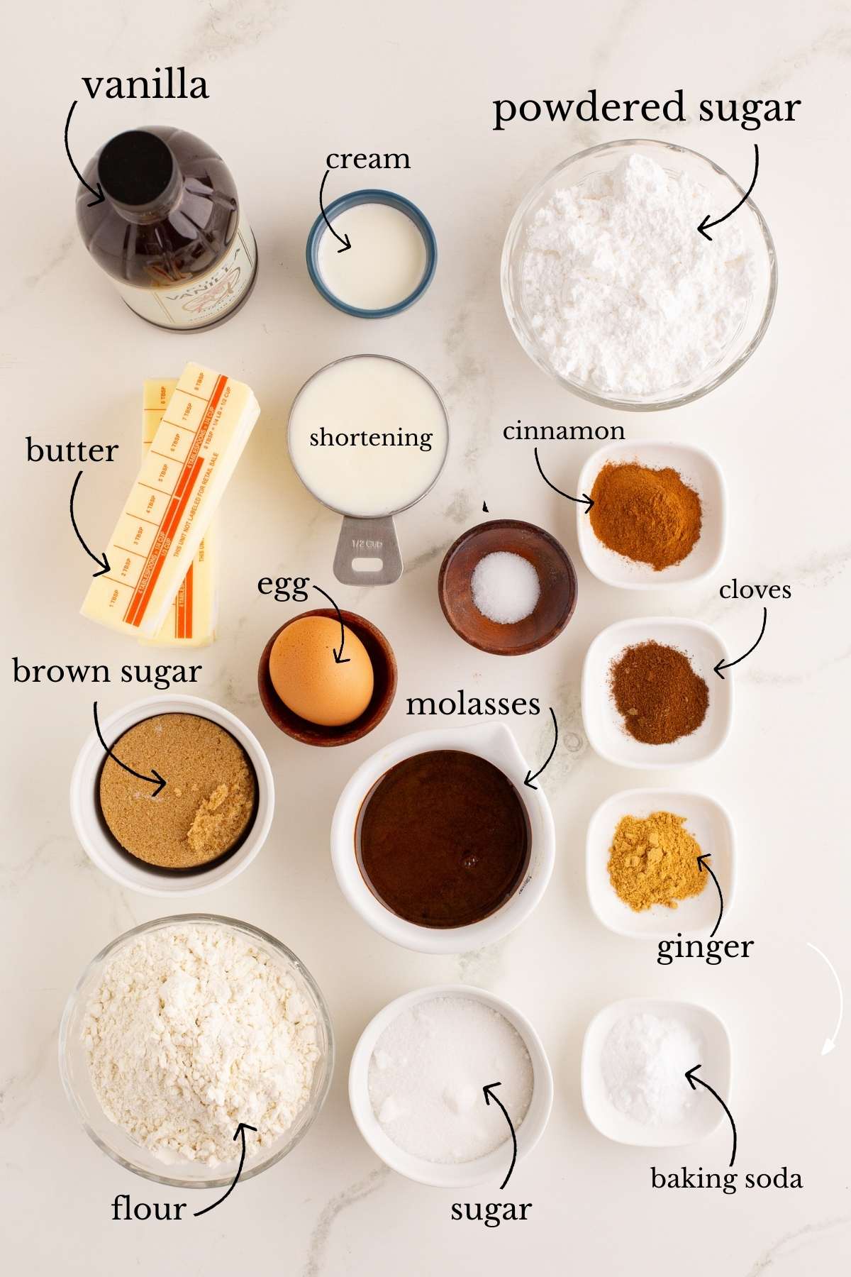 All ingredients for molasses cookies labeled in bowls.