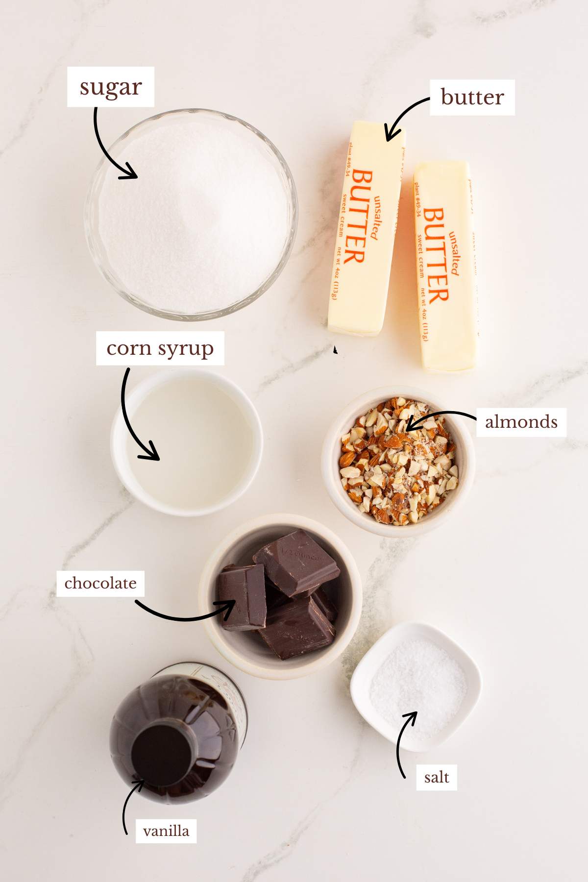 Measured ingredients for toffee laid out on a counter.