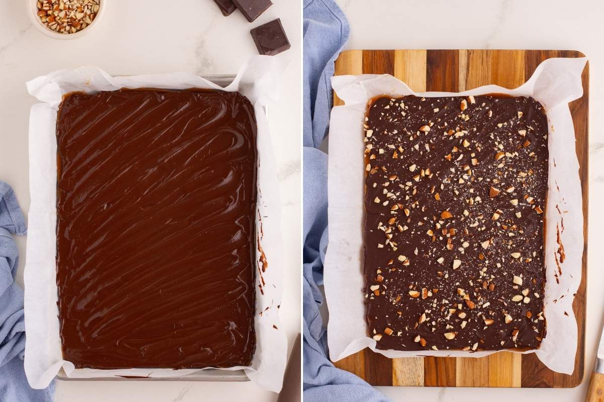 Pan of chocolate-covered toffee topped with chopped almonds.