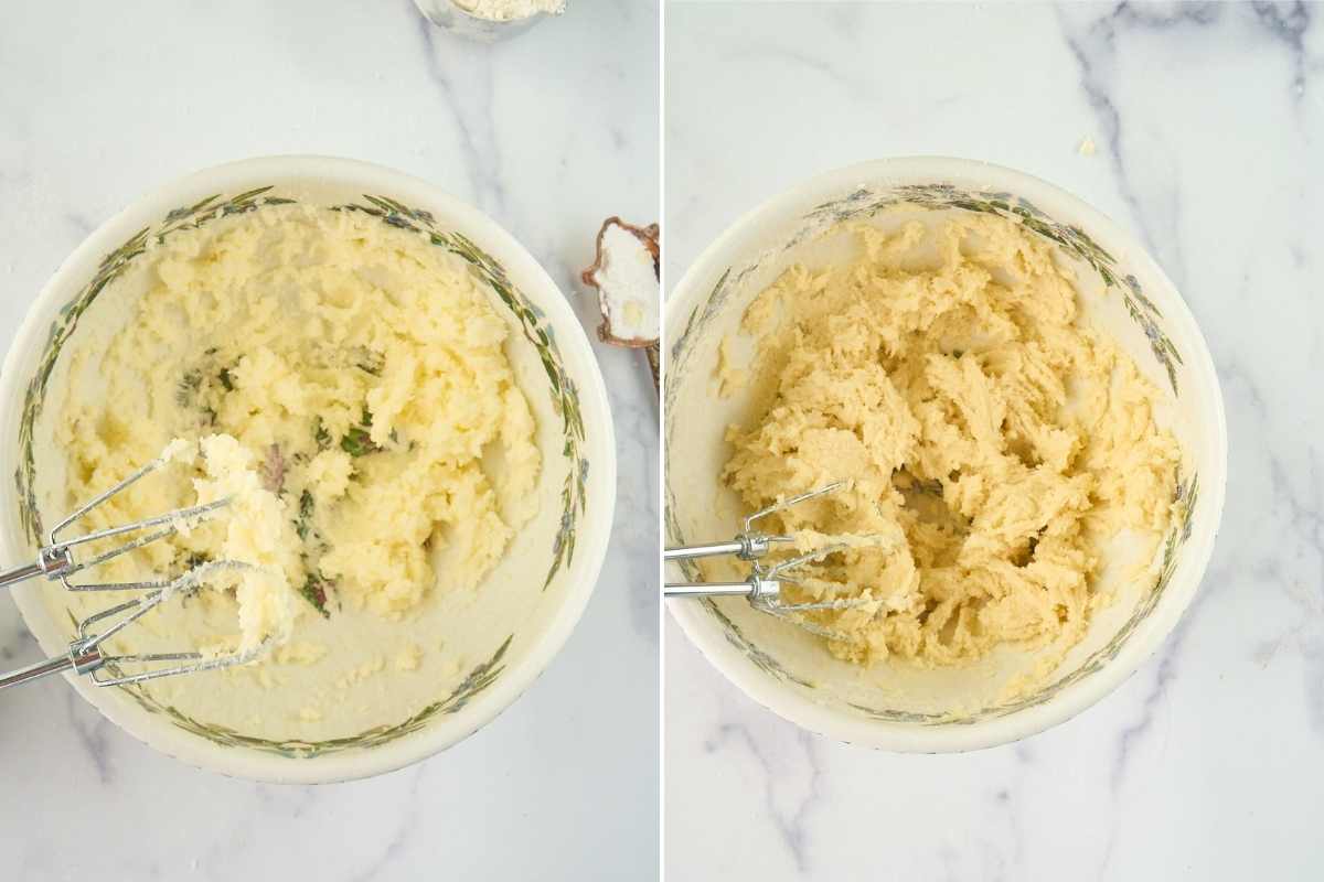 side by side images of process of making cookie dough cobbler topping.