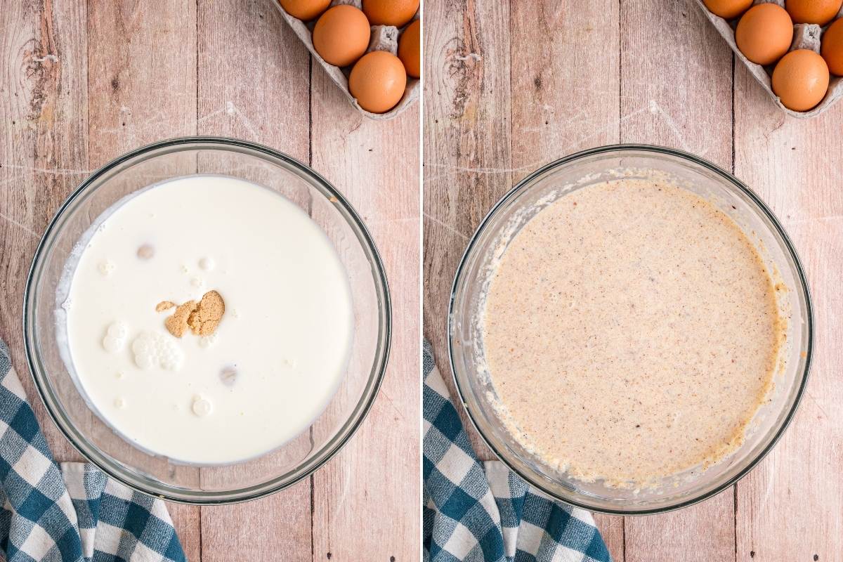 Two bowls showing custard ingredients before and after whisking together.