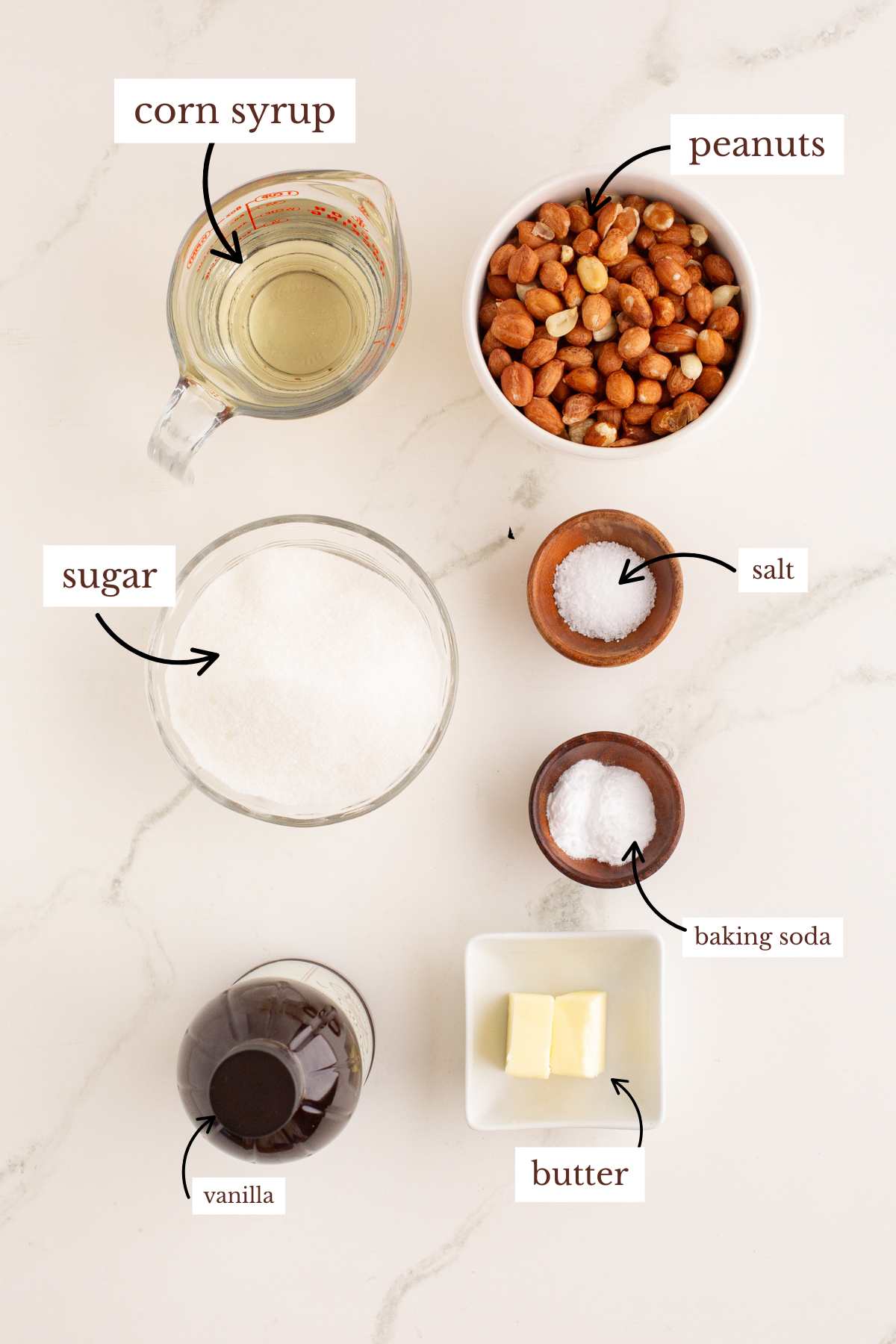 Labeled ingredients for peanut brittle arranged on a countertop.