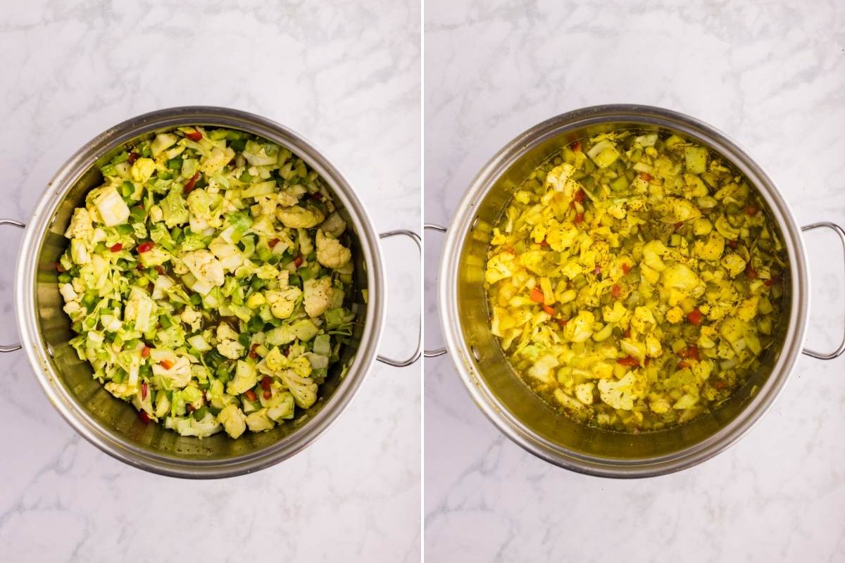 veggies mixture before and after cooking.