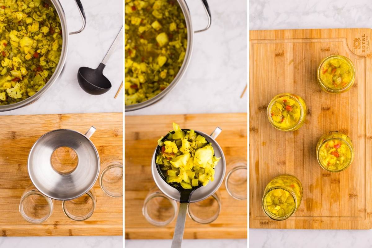 process of filling jars with ladle and funnel.