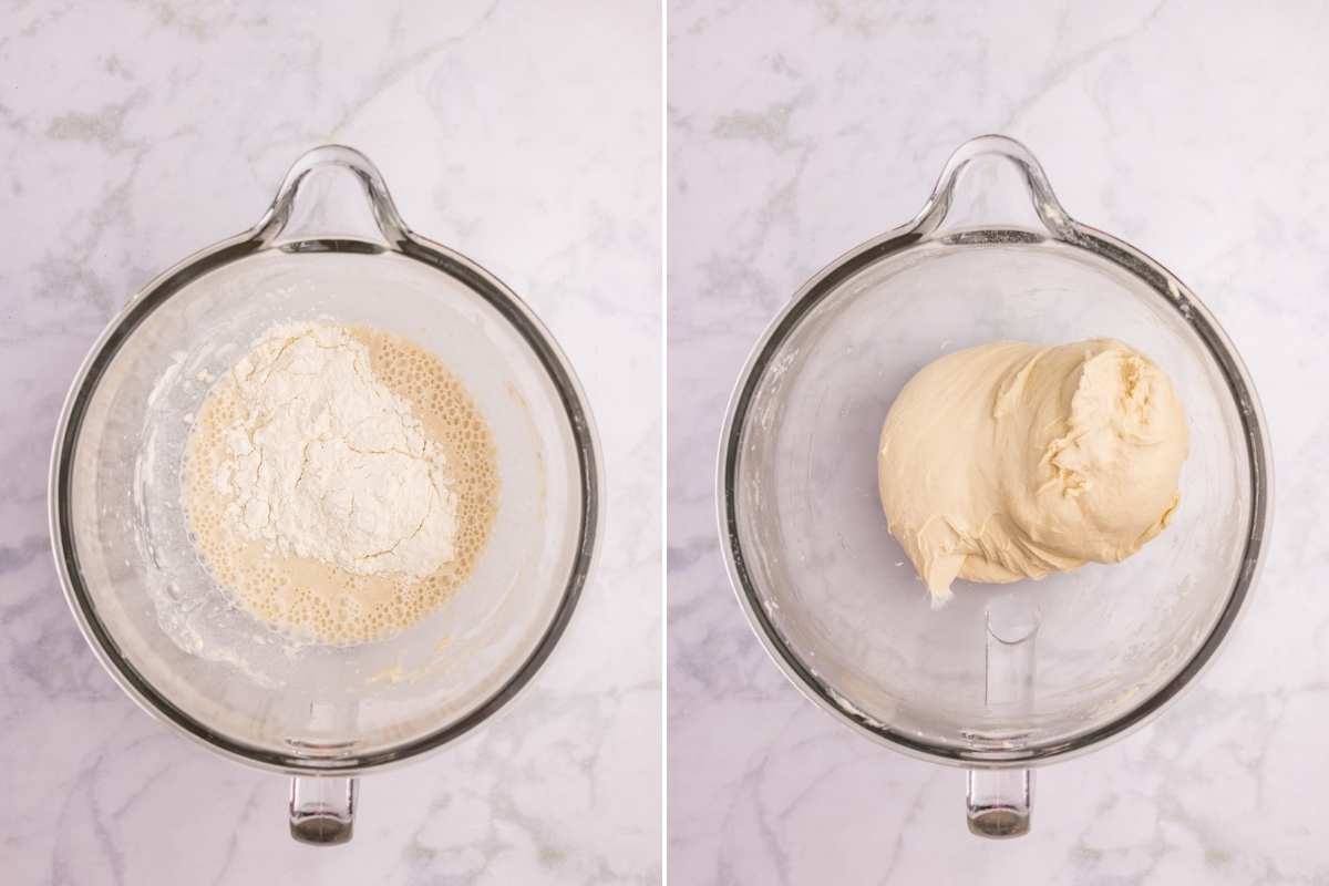 Mixing flour into yeast and milk mixture in a glass bowl.