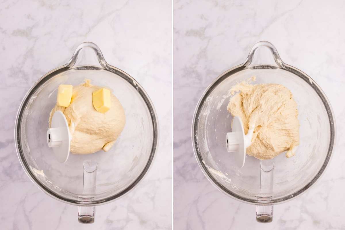 Butter being added to dough in a stand mixer bowl.