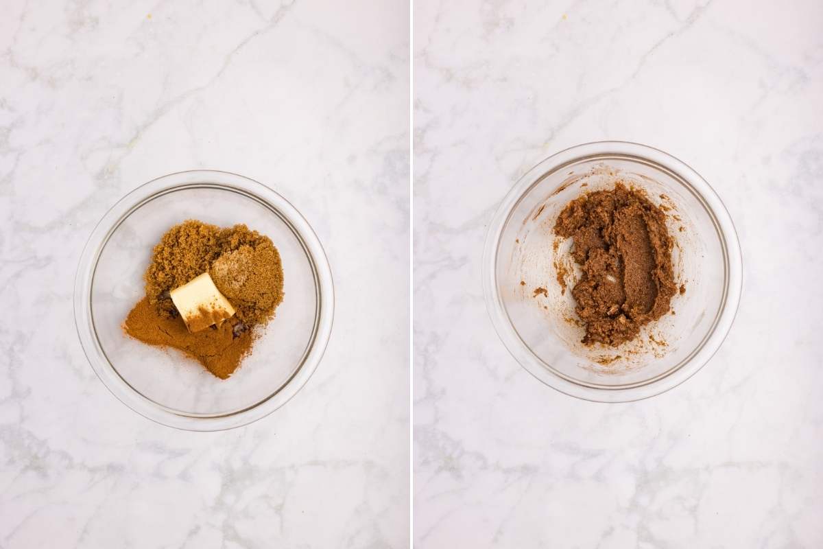 Two photos showing filling ingredients and mixed cinnamon sugar paste.