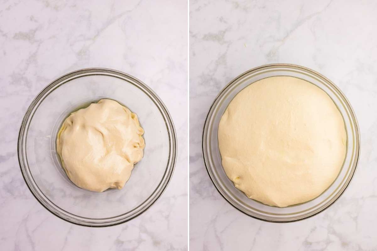 Dough placed in a clean bowl to rise and doubled in size after rising.