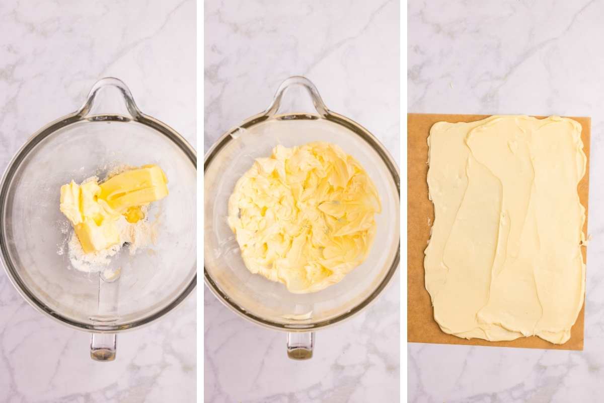 Butter and flour mixed together in a stand mixer bowl then spread onto parchment paper.